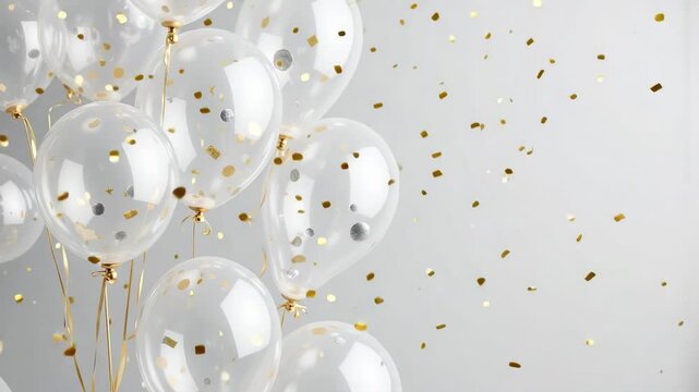 A group of transparent balloons filled with confetti on a light gray background for celebration