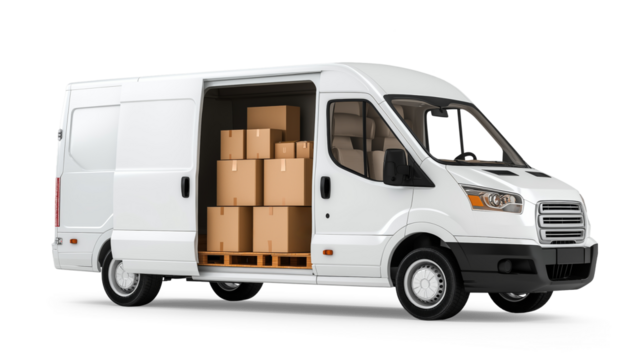 White delivery van full of cardboard boxes parked on white background