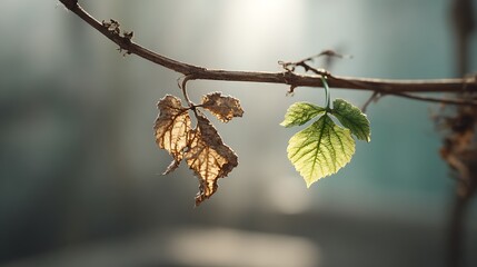 Contrast of life and death: dried leaf and vibrant green leaf on a branch in sunlight