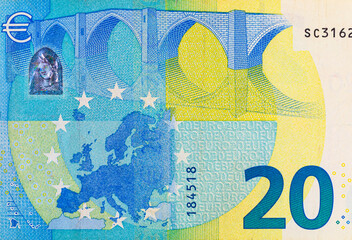 20 euro banknote of the European Union. Paper money of Europe