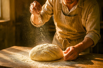 Baker Kneading Dough in Rustic Kitchen