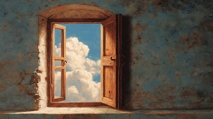 Open wooden window with a view of fluffy white clouds against a blue sky background art