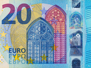 20 euro banknote of the European Union. Paper money of Europe