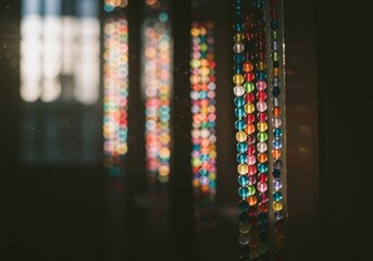 Obraz premium Light shining through a colorful beaded curtain