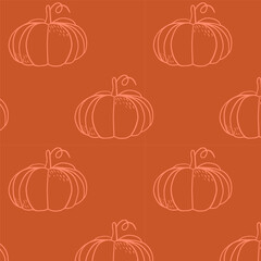Seamless pattern with outlined pumpkins on brown background. Simple autumn design for seasonal textile, packaging, or Thanksgiving-themed decoration.