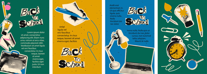 Trendy Back to school vertical banner templates set with halftone collage paper cut outs, education concept. Modern retro vector illustration with copy space for mixed media design © ugguggu