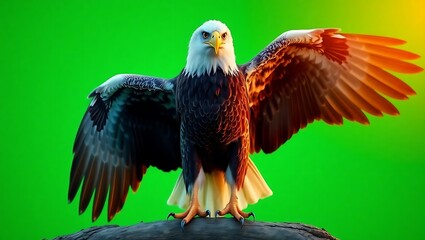 A majestic bald eagle perched with wings spread against a vibrant green screen backdrop image capture