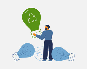 Man chooses green lamp with recycling symbol over ordinary ones. Good and bad business ideas. Creativity choice, solution concept. Vector illustration