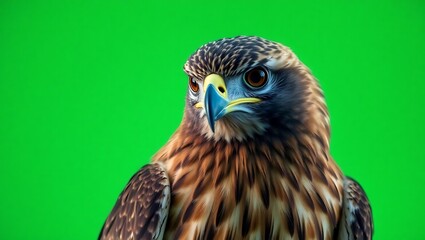 Fototapeta premium Close up of a brown and gray eagle with a blue beak against a bright green background studio shot