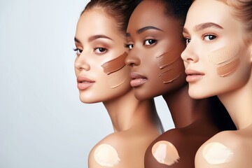 Makeup artists applying foundation shades on three diverse models, showcasing a range of skin tones
