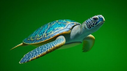 A sea turtle swimming gracefully in clear green water showing its patterned shell and flippers moving