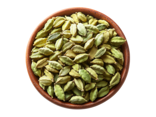A bowl of green seeds with a brown bowl