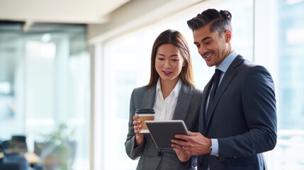 The business professionals collaborating over a tablet in a modern office setting.