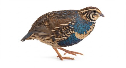 Fototapeta premium Vibrant brown quail subtly poses against bright white background. AI Generated
