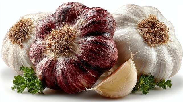 Tres ajos, bulbos de agua sobre fondo blanco en estudio, concepto de agricultura biol&oacute;gica y ecologismo.