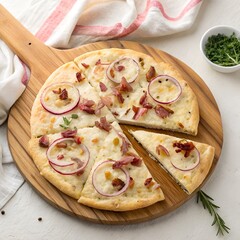 Flammkuchen mit Speck und roten Zwiebeln auf Holzbrett