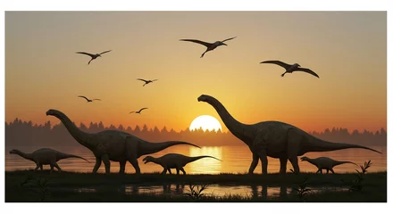 Selbstklebende Fototapeten Silhouet dino's wandelen rustig bij zonsondergang prachtige warme gloed. AI Generated © Lucas