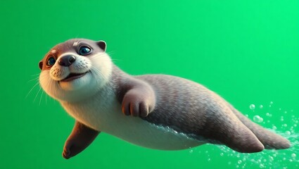A cartoon otter swimming underwater with a green screen background and bubbles visible in the water