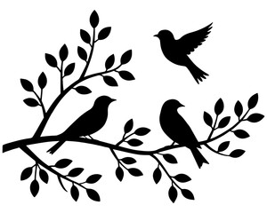 Silhouette of birds on a branch with leaves design