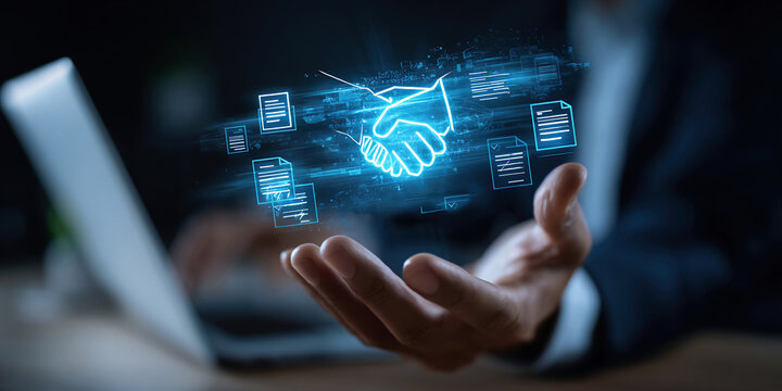 Businessman managing digital procurement process with contract, invoice, approval documents, representing B2B sourcing, vendor management, supply chain, e-procurement, paperless contract ...