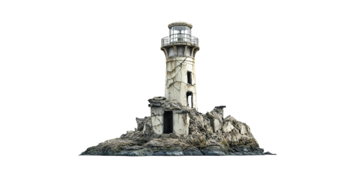 Weathered Lighthouse Rocky Island. Symbol Of Guidance And Resilience Isolated On Transparent Background