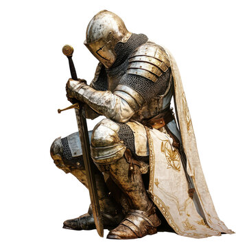 Kneeling knight, knight kneels on one knee, clad in armor, with a sword in hand, isolated on transparent background