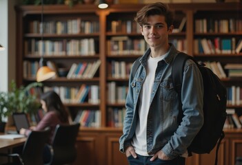 Student smiling in a library, surrounded by books and study areas