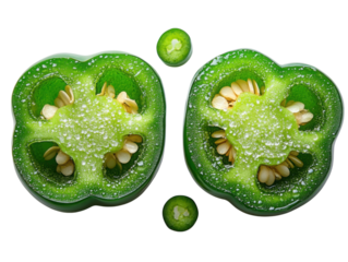 Two green peppers are cut in half, one of which is missing its stem