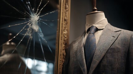 Close up of a mannequin wearing a suit and tie reflected in a shattered mirror frame