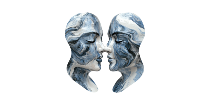 Two Abstract Marble Faces In Profile. Artistic Expression Of Connection And Duality Isolated On Transparent Background
