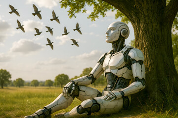 Robot Sitting Under Tree Watching Flying Birds