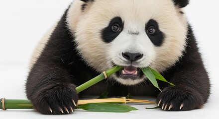 Adorable panda cub happily munches fresh bamboo against bright white background. AI Generated