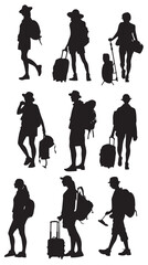Fototapeta premium Set of silhouettes of tourists and travelers , black silhouettes isolated on white background