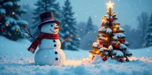 Snowy landscape with a tall snowman and Christmas tree, decorations, icy, festive atmosphere