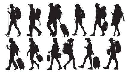 Obraz premium Set of silhouettes of tourists and travelers , black silhouettes isolated on white background