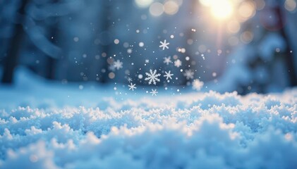 Naklejka premium Tiny snowflakes dance in the air over a snowy expanse, frozen droplets,