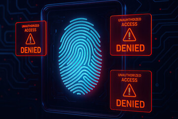 Fingerprint identification technology with unauthorized access denied warning signs in red glowing digital interface, cybersecurity concept