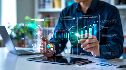A sleek digital business analytics dashboard overlays a contemporary workspace, showcasing interactive charts, graphs, and metrics
