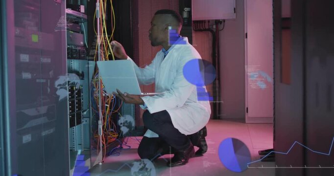 Network technician scrolling diagnostics, adjusting cables after graphs appearing over server rack