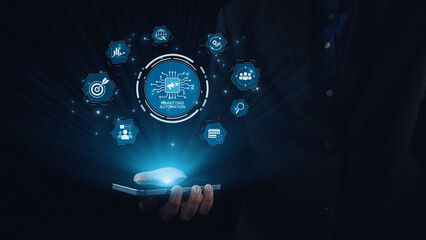 Fototapeta premium Marketing automation diagram showcase AI-driven campaign workflow, highlight marketing automation, data-driven strategy, marketing automation tools, and market automation process in business. Elide