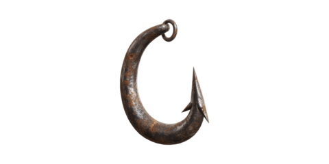 Rustic Metal Fish Hook. Symbol Of Fishing, Adventure, And Outdoor Activities Isolated On Transparent Background