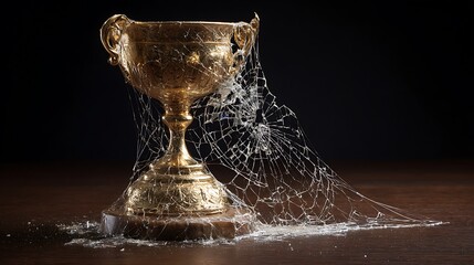 A golden trophy on a wooden surface covered in a shattered glass like web with dark background