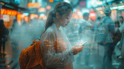 Obraz premium Chica asiática, disfrutando del teléfono, móvil y redes sociales e Internet.