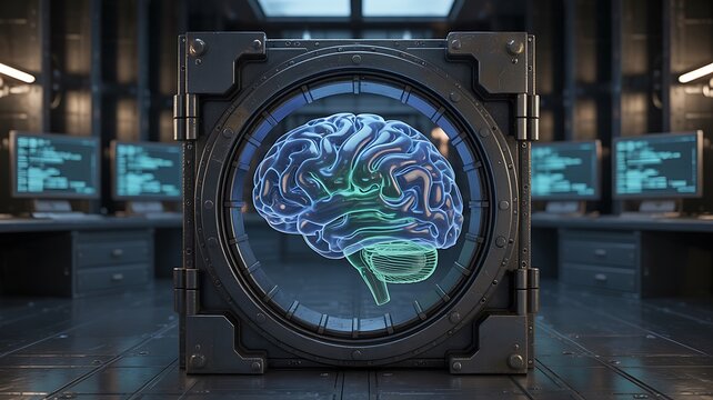 Futuristic Sci-Fi Brain Scan: Holographic Neural Network Display in a Secure Server Room.