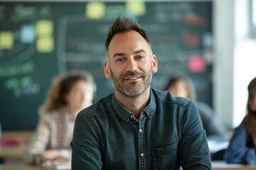 Obraz premium Portrait of a smiling teacher sitting in a classroom with students learning on blurred background