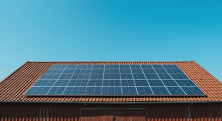 Solar panels roof blue sky renewable energy house. Photovoltaic system residential building sustainable technology. Green energy concept