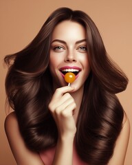 A beautiful woman with voluminous, glossy brunette hair smiles joyfully, contrasting her vibrant pink lipstick with a warm amber-colored lollipop.