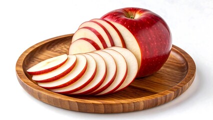 Sliced red apple arranged on wooden plate isolated on white background for fresh fruit and healthy food concept
