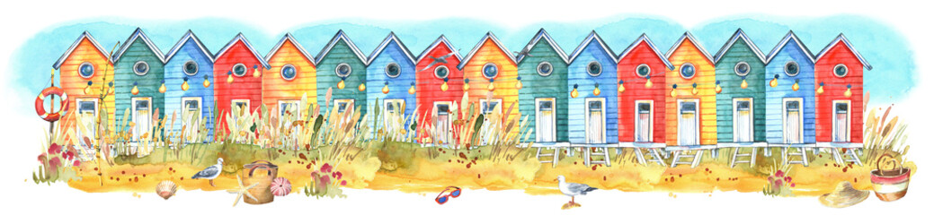 Beach clipart, banner with signpost, colored houses, lighthouse, garland of colored flags. Stock illustration. Hand painted.