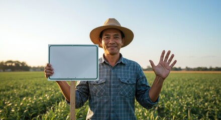 Asian farmer holding tablet waving field green crops. Male agricultural worker technology rural countryside. Digital farming concept